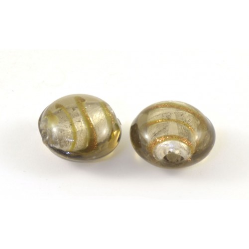 Flat puffed round 15 to 16mm glass bead smoke silver foiled